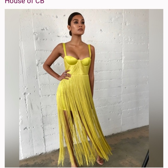 HOUSE OF CB 'Emee' Acid Yellow Satin Fringe Dress/Size M-US 6-8. Chartreuse - Picture 3 of 11